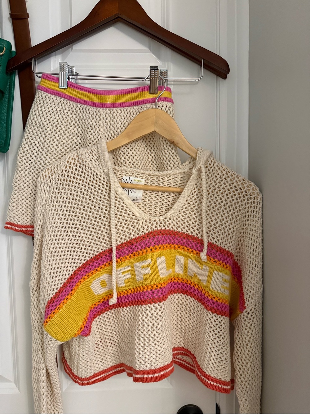 aerie Cream Cropped V‑Neck Knit Sweater with Yellow, Pink & Orange Stripes